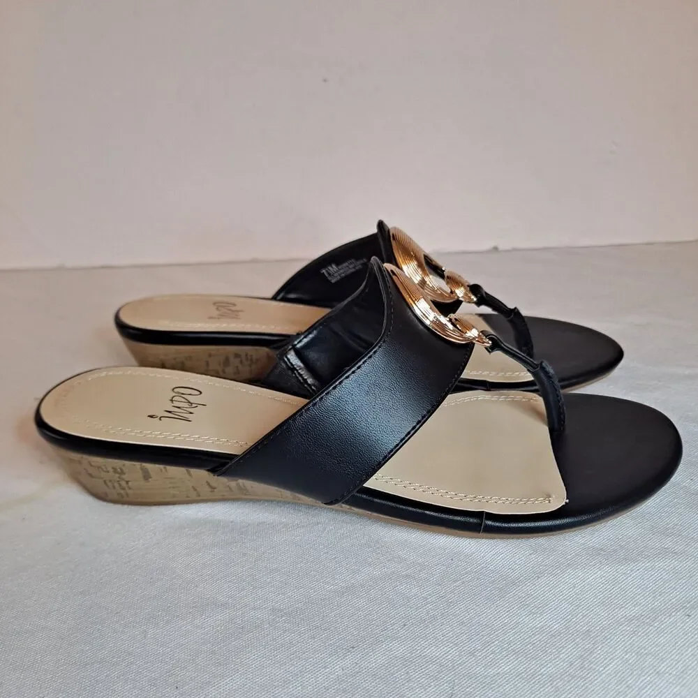 Impo Ronette Slide Sandals Women's 7.5 Black Gold Circle Cork Wedge Heel